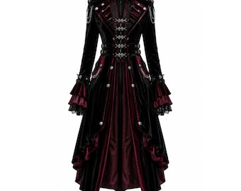 Damen Schwarzer Burgunder Samt Gothic Mantel | Viktorianische Dark Academia Jacke Alternative Mode