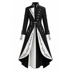 May include: A black and white long coat featuring a high collar, silver-toned buttons, and decorative chains. The garment includes a waist belt with buckles, flared white cuffs with black embroidery, and a split front panel with floral patterns.