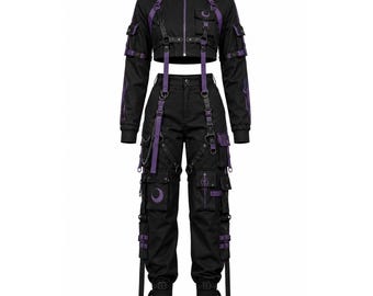 Damen Gothic Techwear Set: Schwarz Lila Cyberpunk Cargo Hose Harness Jacke Alternative Streetwear Darkwear