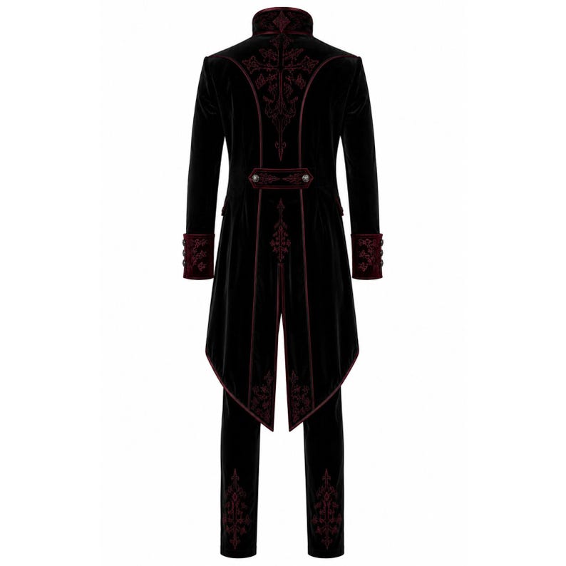 May include: Black velvet tailcoat and matching pants with burgundy embroidery. The long-sleeved coat features a high collar, decorative buttons, and ornate patterns. The pants have matching embroidery.
