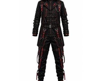 Herren Gothic Techwear Anzug | Schwarz Rotes Cyberpunk Street Outfit