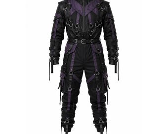 Gothic Techwear Overall: Schwarz Lila Cyberpunk Outfit Alternative Fashion Kostüm
