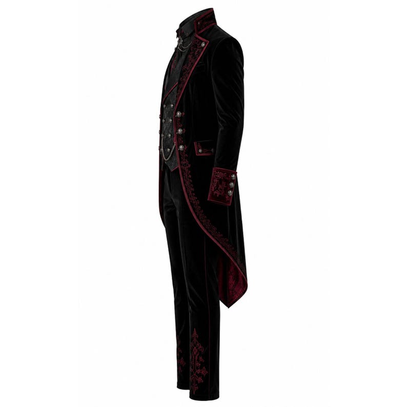 May include: Black velvet tailcoat with burgundy accents, featuring ornate embroidery and decorative buttons. The ensemble includes a matching vest and trousers, creating a gothic or Victorian-inspired look. The coat has a high collar and a chain detail.