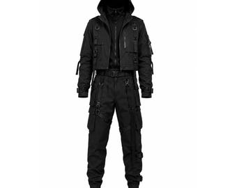 May include: A black hooded jacket and matching cargo pants set. The jacket features a front zipper, multiple utility pockets, D-rings, and adjustable straps. The pants include a belt, side cargo pockets, hanging straps, and buckle details at the cuffs.