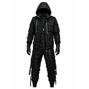 Gotiskt Techwear-set, svartgrön taktisk huvjacka med cargobyxor, cyberpunk streetwear-kostym