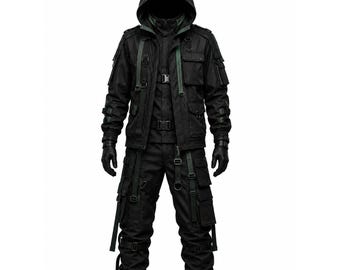 Gothic Techwear Set, Schwarz Grüne Taktische Kapuzenjacke Cargohose, Cyberpunk Streetwear Anzug