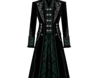 Viktorianischer Langer Mantel aus Schwarzem Samt für Herren - Grüne Brokat-Stickerei-Aristokrat-Jacke