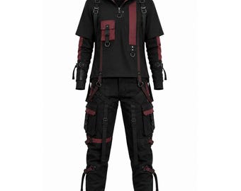 Gothic Techwear Outfit: Schwarzes Baumwoll Cargo Set mit weinroten Akzenten – Alternative Streetwear