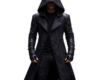 Gothic Long Black Hooded Coat, Dark Medieval Streetwear Trench, Unisex Cosplay Jacket