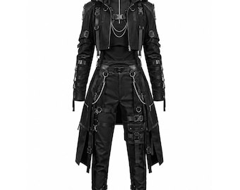 May include: A black ensemble consisting of a cropped hooded jacket with buckles, straps, and silver chains, paired with matching trousers featuring multiple utility pockets, D-rings, adjustable straps, and side chains for a structured appearance.