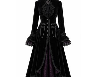 Schwarzer viktorianischer Samt-Gothic Mantel | Lange Alternative Fashion Oberbekleidung