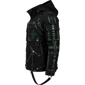 May include: Black hooded jacket with multiple pockets, straps, and metal chain accents. The jacket features green cross designs and trim. The design has a gothic or cyberpunk aesthetic.
