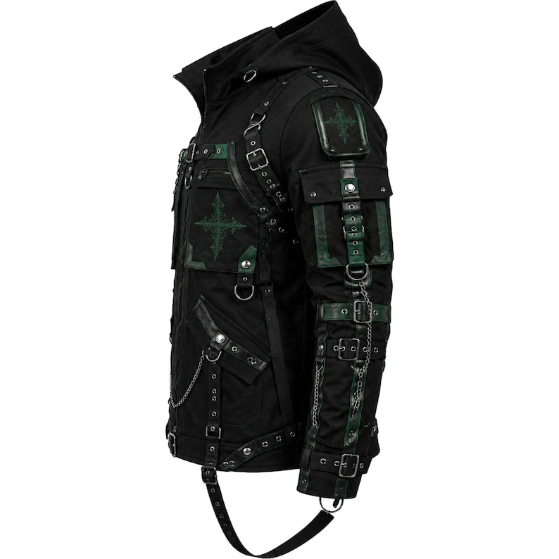 May include: Black hooded jacket with multiple pockets, straps, and metal chain accents. The jacket features green cross designs and trim. The design has a gothic or cyberpunk aesthetic.