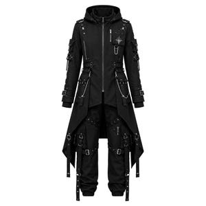 Svart gotiskt techwear-set – trenchcoat med huva, cargobyxor, cyberpunk streetwear-outfit