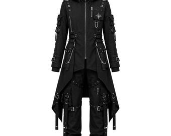 Black Gothic Techwear Set – Hooded Trench Coat, Cargo Pants, Cyberpunk Streetwear Outfit