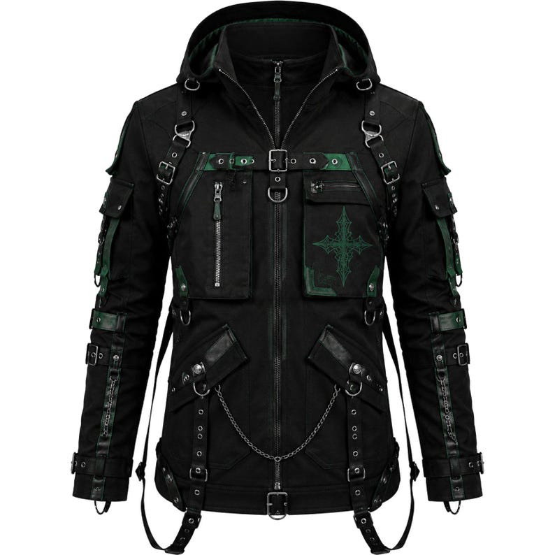 May include: Black hooded jacket with multiple pockets, straps, and metal accents. Features green accents on the sleeves and pockets, along with a decorative cross design. The jacket has a zipper closure and a chain detail.