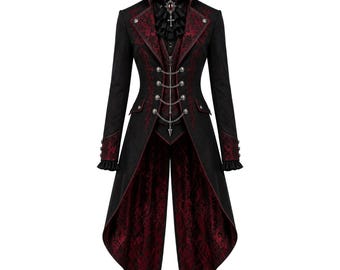 Black Red Gothic Tail Coat | Victorian Brocade Vampire Steampunk Jacket
