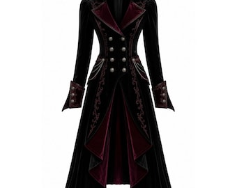 Luxus Samt Gothic Mantel | Schwarze Burgunder-Victorian Dark Academia-Oberbekleidung