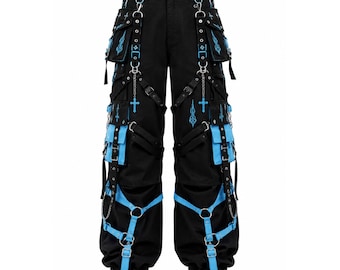Black and Blue Gothic Cargo Pants – Cyberpunk Techwear Trousers – Harajuku Streetwear Pants – Alternative Unisex Fashion