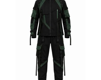 Gothic Techwear Set | Schwarzer grüner Baumwoll-Tactical Streetwear-Anzug