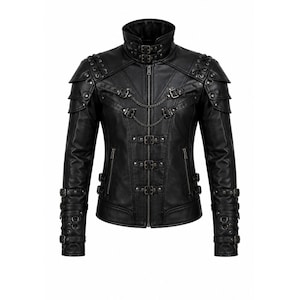 May include: A black jacket featuring a high collar with double buckles, layered shoulder panels with lacing, and a front zipper closure. The design includes decorative metal chains, multiple adjustable buckle straps on the chest and sleeves, and two zippered side pockets.