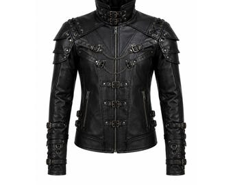 Herren Gothic Lederjacke, Schwarze Punk Biker Steampunk Oberbekleidung