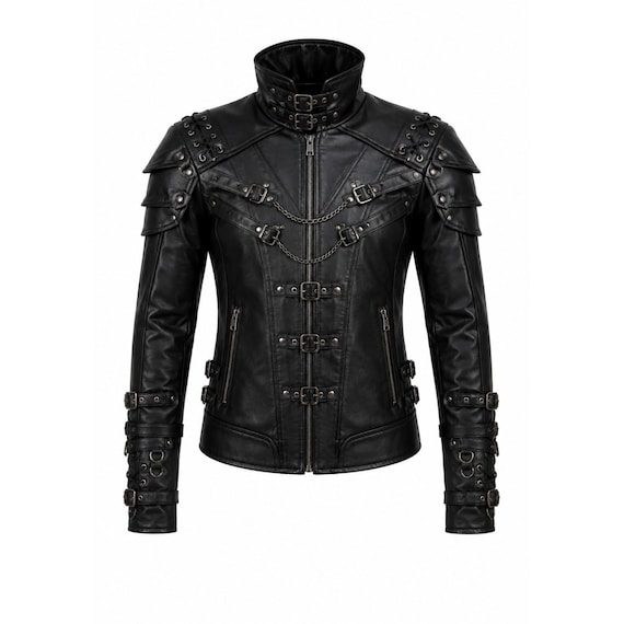 Men's Gothic Leather Jacket, Black Punk Biker Steampunk Outerwear