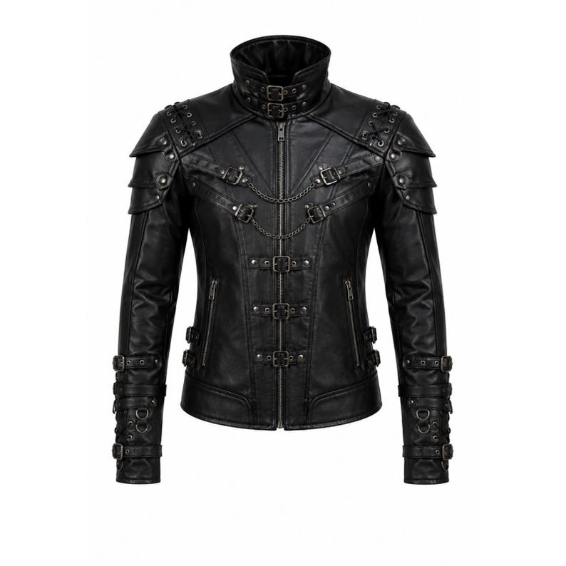 May include: A black jacket featuring a high collar with double buckles, layered shoulder panels with lacing, and a front zipper closure. The design includes decorative metal chains, multiple adjustable buckle straps on the chest and sleeves, and two zippered side pockets.