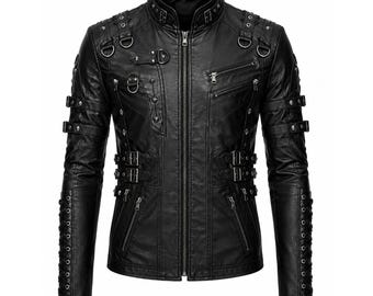 Schwarze Gothic Kunstlederjacke für Herren mit Schnallenriemen und Schnürärmeln
