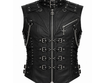 Handgefertigte Schwarze Leder Gothic Weste: Schnallen, Ketten, Schnürung an der Seite