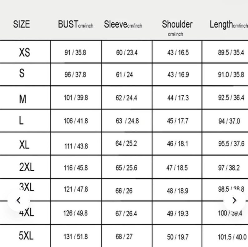 May include: A size chart with measurements in centimeters and inches for bust, sleeve, shoulder, and length. Sizes range from XS to 5XL. Measurements include bust from 35.8 inches to 51.8 inches, sleeve from 23.4 inches to 27 inches, shoulder from 16.5 inches to 19.7 inches, and length from 35.4 inches to 40 inches.
