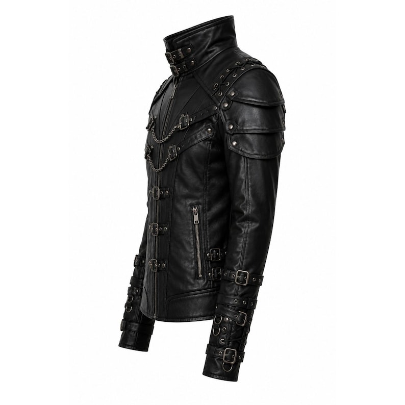 May include: A black jacket featuring a high collar with double buckle straps, layered shoulder panels with metal studs, and a front closure with multiple buckles and a decorative chain. The sleeves include adjustable buckle straps and metal rings.