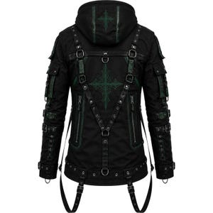 May include: Black jacket with a hood, featuring green cross-shaped embroidery on the back and hood. The jacket has multiple pockets, straps, and buckles, with green accents. The design is detailed and edgy.