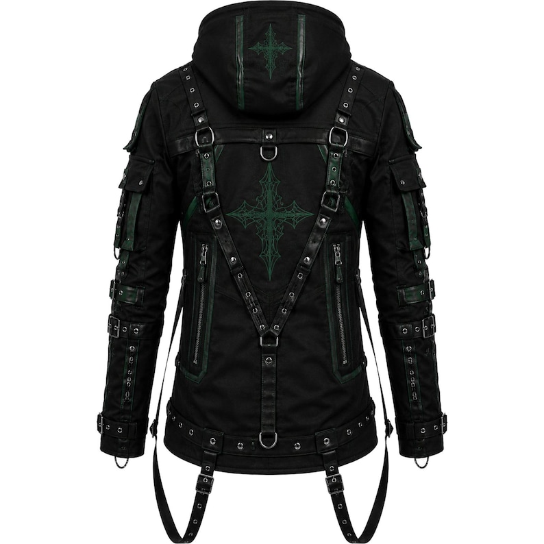 May include: Black jacket with a hood, featuring green cross-shaped embroidery on the back and hood. The jacket has multiple pockets, straps, and buckles, with green accents. The design is detailed and edgy.
