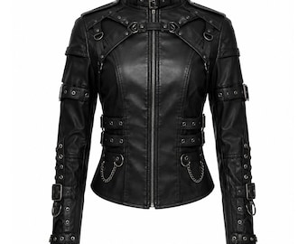 Damen Schwarze Kunstleder Gothic Harness Jacke - Punk Biker Darkwear Kleidung