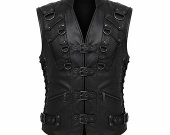 Gothic Echtleder Weste Herren, Punk Biker Weste, Alternative Mode, verstellbare Schnürung