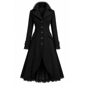 May include: A long black coat featuring a structured collar with lace trim, a button-front closure, and long sleeves with lace-trimmed cuffs. The coat includes intricate embroidery at the waist and hem, with a flared skirt and lace edging.