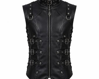 Herren Gothic Kunstleder Weste | Schnalle Akzent Punk Cyber Goth Weste