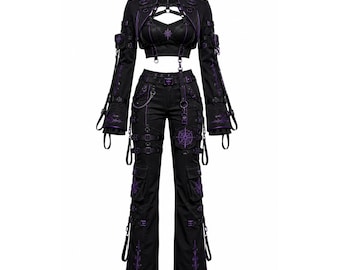 Damen Gothic Techwear Set – Schwarz Lila Cyberpunk Cargo Outfit – Futuristischer Streetwear Anzug