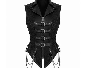 Schwarze Gothic Korsett Weste für Damen, Schnür-Punk-Weste, viktorianische Ketten-Detail