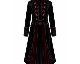 Herren Schwarzer Burgunder Samt Gothic Viktorianischer Langer Mantel, Steampunk Tailcoat Jacke
