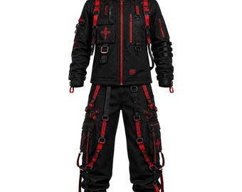 May include: Black jacket and pants set with red accents. The jacket has a hood, multiple pockets, and red zippers. Red straps and cross designs adorn the jacket and pants. The pants have multiple pockets and straps. The set is designed with a tactical or cyberpunk aesthetic.