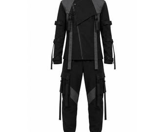 Handgefertigter Gothic Techwear Anzug | Schwarzes Baumwoll Cyberpunk Streetwear Set