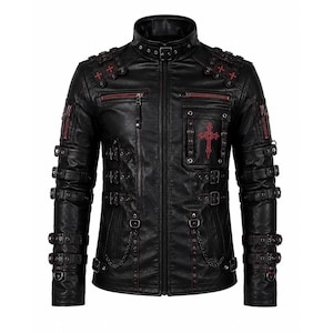 May include: Black leather jacket with red cross and stitching details. Features multiple buckles, zippers, and decorative chains. The jacket has a high collar and shoulder accents, creating a gothic or punk aesthetic.