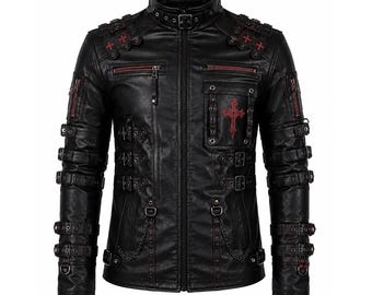 Men's Gothic Black Red Leather Jacket | Punk Biker Cyberpunk Streetwear Coat