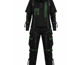 Gothic Techwear Set: Schwarz Grünes Baumwoll Cargo Outfit, Alternativer Streetwear Stil