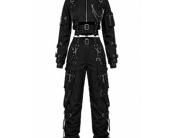 Damen Gothic Techwear Anzug, Schwarzes Cyberpunk Cargo Hosen Set, Alternative Streetwear Kleidung