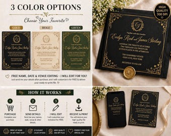 Elegant Wedding Invitation Template, Gold Beige Green Floral Invite, Personalized Minimalist Wedding Invite, Editable PNG, Digital Download