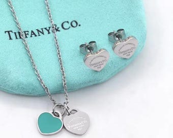 Double Heart Charm Necklace - Mint Enamel and Polished Silver Finish