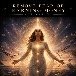 May include: Digital art featuring a woman in a white dress with arms outstretched, bathed in golden light. The image includes the text "REMOVE FEAR OF EARNING MONEY ACTIVATION" and floating dollar bills, with a broken chain.